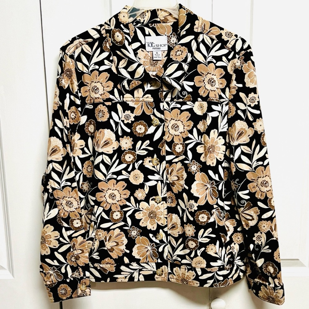 Tog Shop Black Floral Jean Jacket with Tan and Cream Accents Petite Size PL